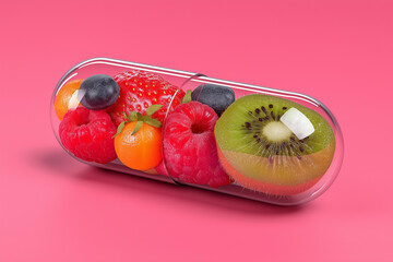 The Essence of Vitality: A Pharmaceutical Capsule Bursting with Fresh Organic Fruit