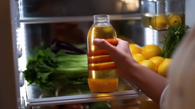 Hand Reaching Into Refrigerator to Grab Bottle of Fresh Yellow Liquid Surrounded by Lemons and Fresh Vegetables