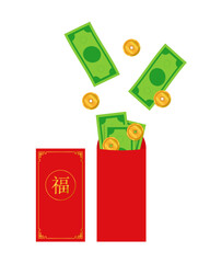 Red Chinese envelope with golden Fu character and money.Red packet with banknotes and gold coins overflowing from the envelope.Lunar New Year gift icon. 