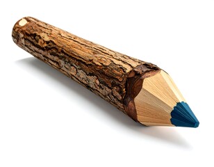 A large, handcrafted colored writing implement made of wood. The body simulates a tree bark texture. The tip is a vibrant blue