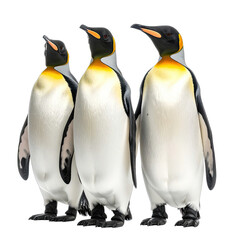 Fototapeta premium Three majestic King Penguins stand prominently against a stark black background.