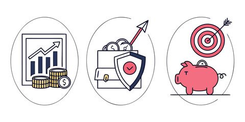 Three key concepts illustrating financial growth security and achieving saving goals with icons