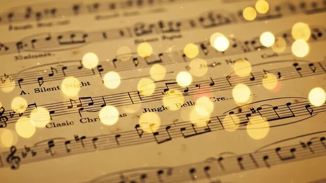 A captivating close-up captures the intricate details of vintage sheet music, displaying classic musical notation and lyrics on aged, sepia-toned paper. Shimmering golden bokeh lights dance softly acr