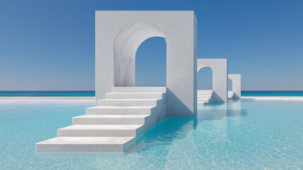 Minimalist white marble arches with steps in a turquoise swimming pool