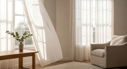 Fototapeta premium Bright interior featuring a soft armchair and sunlit sheer curtains