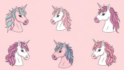 Pastel Unicorn Heads Pattern on Pink Background.