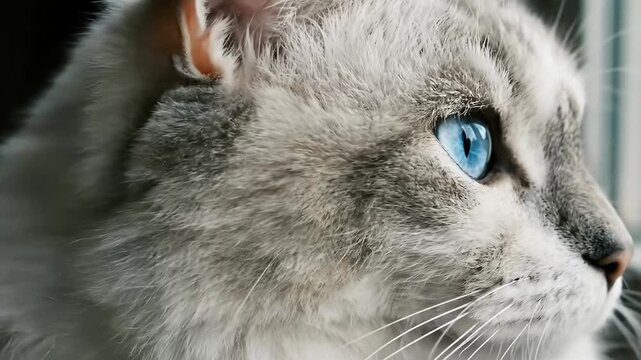 A captivating close-up of a majestic domestic cat showcasing its striking, bright blue eyes and soft, fluffy grey and white fur. The feline's face is intricately framed, highlighting its delicate whis
