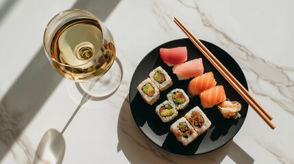 Overhead View of Fresh Sushi Assortment and White Wine on Marble Background
