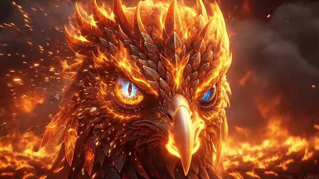 A captivating close-up of a magnificent, mythical avian creature engulfed in a swirling inferno. Its dark, intricate feathers shimmer with glowing orange and red embers, radiating immense heat and dra