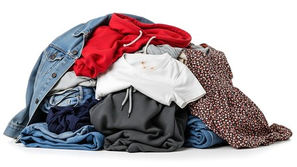 Pile of assorted clothing items on a white background.