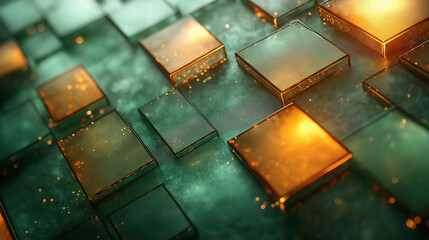 Abstract 3D Rendering of Frosted Glass Cubes with Teal and Gold Lighting