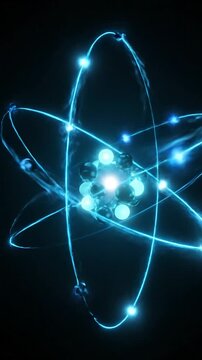 Abstract glowing blue atom orbiting nucleus in dark space science technology motion graphic