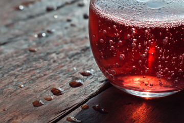Sparkling Red Wine with Bubbles in a Glass on a Rustic Wooden Surface