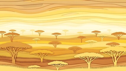 Serene African Savannah Landscape with Acacia Trees Illustration.
