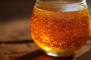 Macro shot of sparkling amber wine with carbonated texture on wooden background