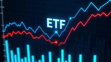 Bright ETF text displayed over a dark background with red and blue rising line graphs showing financial market movement and volatility. - Powered by Adobe