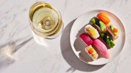 Modern Sushi Platter with Glass of White Wine Overhead