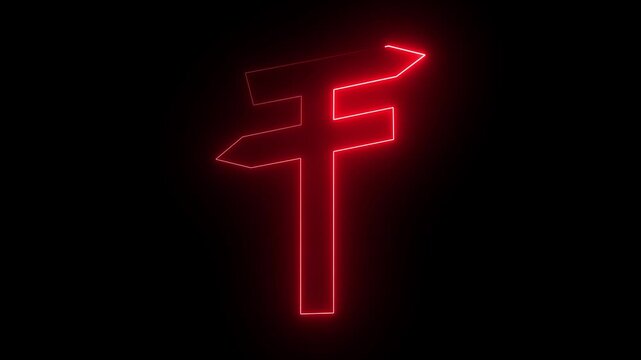 Glowing neon line realistic blank signboard on road for pointing direction on black background.. 4k animation video..