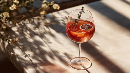 Elegant Herbal Mocktail in Wine Glass with Citrus Garnish