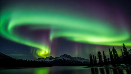 Spectacular Aurora Borealis Display Over Tranquil Lake and Mountain Landscape.