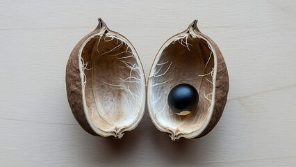 Open seed pod revealing a solitary black seed, rustic organic aesthetic