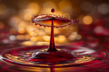 Abstract Red Liquid Drop Splash with Golden Bokeh Background