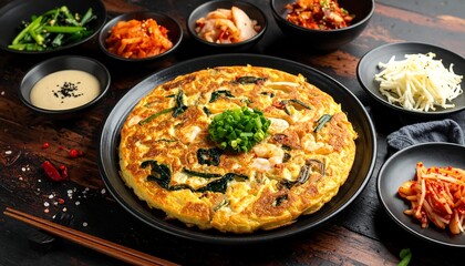 A Korean-style pancake surrounded by small bowls of kimchi and side dishes on a dark wooden table, chopsticks nearby