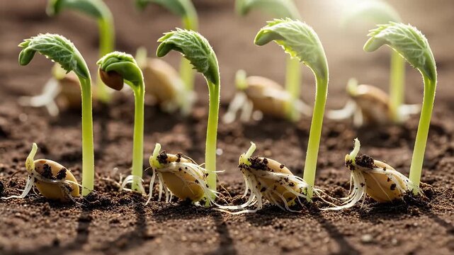 A captivating close-up time-lapse sequence showcases the remarkable process of plant life emerging from rich, dark soil under the gentle illumination of natural sunlight. Multiple healthy young seedli