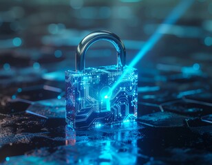 Futuristic Glass Padlock Cybersecurity Digital Protection Concept