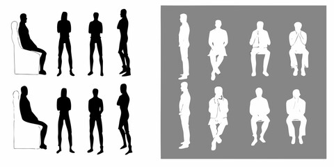Fototapeta premium Silhouettes of people sitting in various poses presented in black and white