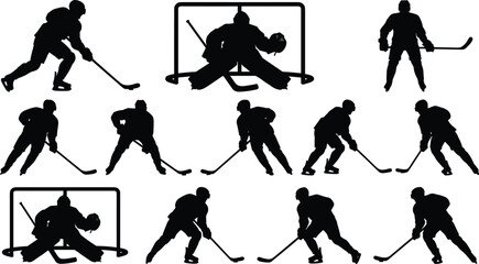 Ice hockey silhouettes set featuring players and goalie actions, skating shooting defending poses, sports vector illustration isolated on white background © MD SHAHARIR