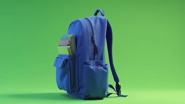 Vibrant blue student backpack featuring essential learning supplies in a side pocket, presented against a striking green background in a clean, modern 3D render