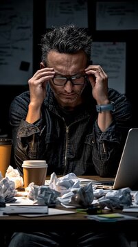 Mental Strain: A man, buried under a storm of paper, clutches his temples in a moment of intense frustration, illustrating the weight of stress and the battle for mental clarity.