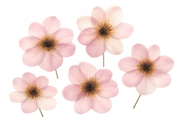 Pink watercolor flowers with soft petals and intricate stamen on transparent background, spring botanical motif