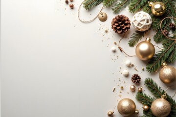 Golden Christmas ornaments and pine branches are arranged decoratively along the right side of a light background.