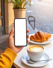 A hand holds a smartphone with a blank screen, near a croissant on a plate and a latte with a flower design