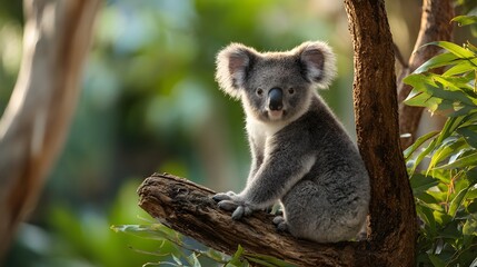 Fototapeta premium Adorable Koala Bear Perched on a Tree Branch, Looking Directly at the Camera in a Natural Habitat.