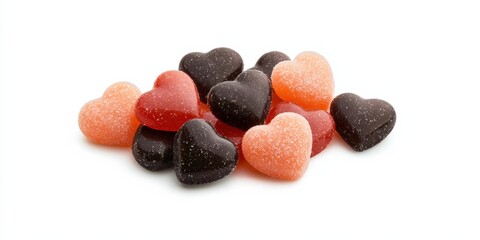 Colorful heart-shaped candies sprinkled with sugar, arranged attractively, perfect for celebrations or sweet treats.