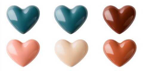  collection of glossy heart-shaped items in various colors, arranged in two rows, showcasing a vibrant and playful design.