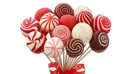 colorful arrangement of lollipops, featuring red and white swirls on sticks, topped with a festive ribbon.