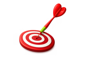 Red dart hitting the bullseye of a dartboard, representing successful goal achievement and precise aiming. Transparent background