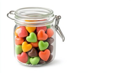 glass jar filled with colorful heart-shaped candies, showcasing vibrant hues of orange, green, pink, and brown, perfect for sweet treats.