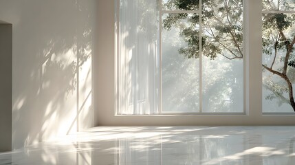 Fototapeta premium Bright interior space with large window and natural light shining through the glass.