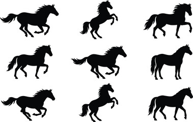 Running horse silhouette collection featuring galloping rearing poses, wild stallion motion, animal action shapes isolated on white background vector