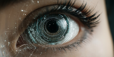 Macro Close up Futuristic Eye with Digital Interface and Data Input and Analyzing in Rays 