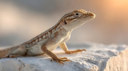 Fototapeta premium Close-up of a small lizard perched on a textured white surface, basking in sunlight.