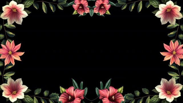 Vibrant floral border with pink flowers on transparent background