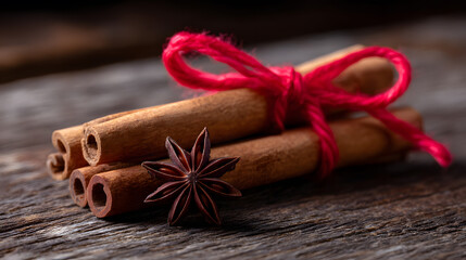 Cinnamon and Star Anise Composition: A close-up view of cinnamon sticks bound with a red twine, complemented by a star anise, creating a rustic and aromatic tableau. 