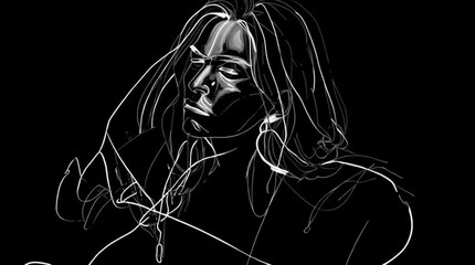 Serene Contemplation: An evocative, monochromatic illustration captures a woman immersed in quiet reflection, with a focus on inner peace and introspection.