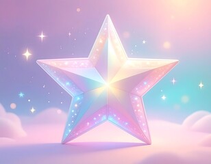 A large, iridescent five-pointed star floats in a dreamy sky filled with sparkling lights and soft, pastel clouds